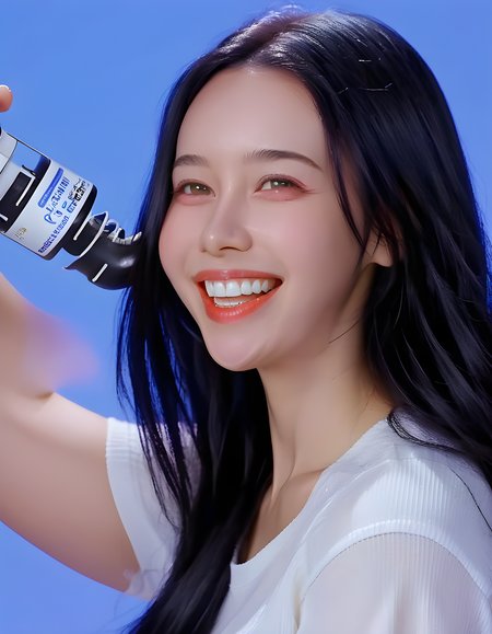 In a vibrant, digital landscape with a cerulean backdrop illuminated by soft, neon lights, L334Y - a woman of striking beauty with long, raven-black hair cascading down her shoulders, wears a simple white shirt adorned with the lettering of her username. Her lips curve into a radiant smile and a contagious grin as she poses confidently, leaning slightly against an industrial metal pipe, her silhouette creating an intriguing contrast against the bright blue backdrop. The scene captures the essence of digital coolness, exuding a sense of individuality and playful energy.