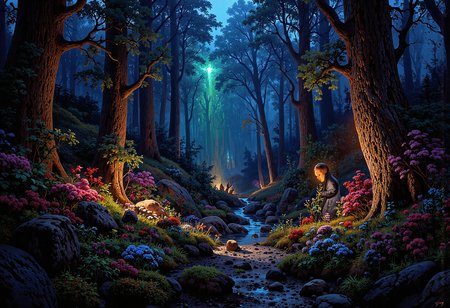 (in full view:1.2), (seen from a distance, wide angle:0.55), The style a combination of [Issac Asimov|Igor Zenin|Heather Theurer], Under lighting, alien planet, alien plants, bioluminescent plants. Harmonious madness, synergy with chance, unique art style, mind bending art. Digital painting in a realistic style representing strange visions of A forest, struck by a meteorite that has been altered by radiation coming from the meteor. The forest, once a popular place for walks has transformed into something out of another reality. The trees, plants and animals have all begun to transform into life forms alien to earth. The wild flowers have developed unusual growth patterns, most have become vines with smaller flowers and are less colorful. The trees have stayed their usual green color but their shape and size have been altered. Even nonliving things have been altered such as boulders, steel and concrete.    A digital rendering covering the entire area, high-res, ultra detailed, photo manipulation, altered realities, <lora:+FluxVelvet's_Mythic_Fantasy:0.7> <lora:Midjourney_Whisper_Chromaplex_Velvet_Myst_v01:0.4> <lora:Epic_gorgeous_Details-flux.1:0.4> <lora:Amazing_scenery_v3:0.6> <lora:UltraReal_Fine-Tune:0.3> <lora:Realism-lora-Flux:0.6> <lora:low-light-flux-v2:0.5>