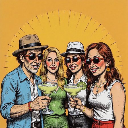 a bright illustration of  a group of people drinking margaritas, in the style of r0b3rt_crum8