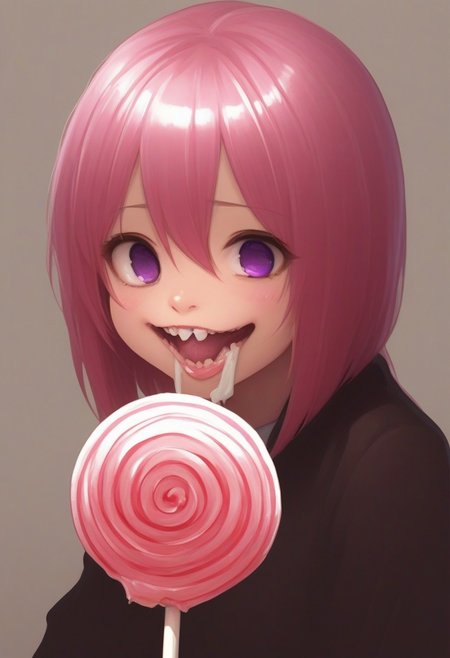 CivChan, purple eyes, pink hair,
(licking a giant lollipop made from teeth, made_from_teef:1.5)