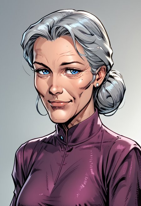 Sinozick Style,score_9, score_8_up, score_7_up, score_6_up, masterpiece, best quality, 1girl, Aunt May,old woman,blue eyes, purple dress,grey hair,single hair bun,zPDXL3, zPDXLxxx, <lora:easynegative:1>  solo, large breasts, portrait, gradient background, mouth closed,slight smile