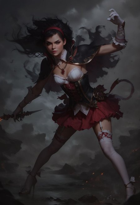 score_9, score_8_up, score_7_up, highly_detailed, masterpiece, sharp focus, realistic, photo-realistic, masterpiece, 8k, high detail RAW color art, shallow depth of field, close up,
(fantasy theme), dystopian, smoky atmosphere, nighttime, (Caucasian), (petite), thin, freckles, (flirty), (messy black hair), (detailed oily skin), (ornate necklace), standing, flirty but action pose, (elemental girl spinning fire and water in her hands), 
hairband, black capelet, white gloves, white shirt, red skirt, white thighhighs, garter straps, high heels,