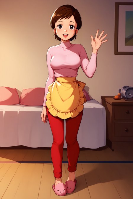score_9, score_8_up, score_7_up, score_6_up, BREAK, AtaruMotherUYXL, black eyes, brown hair, short hair, medium breasts,  turtleneck, pink shirt, long sleeves, yellow waist apron, red pants, pink slippers, solo, full body, standing, waving, seductive smile, looking at viewer, indoors <lora:AtaruMotherUYXL:1>
