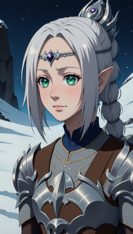 A (80s anime screencap:1.5) of a female elf character wearing armored clothes. They are a Ice Sorceress class. Doing a Attending a meeting activity in a avalanche site location. A medium shot. Highly detailed fantasy character with fantasy aesthetic. The face has freckles, pointy ears, large, expressive jade eyes. Tiara on her forehead.