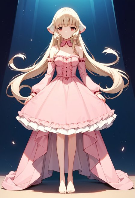 score_9,score_8_up,score_7_up,source_anime, Chii (Chobits),1girl,solo,long sleeves,dress,bare shoulders,standing,full body,frills,detached sleeves,barefoot,pink dress,