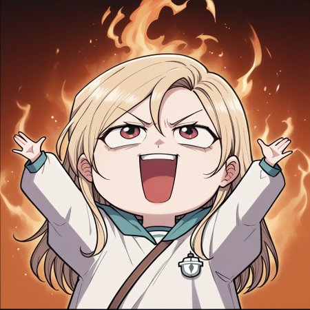 zPDXL3, score_9_up, score_8_up, score_7_up, (Anime_source), 1girl, arms up, fire, outstretched arms, upper Body, burning, (chibi), LeeHaemi, amber eyes, light blonde hair, long hair, doctor clothes, open mouth, evil laugh