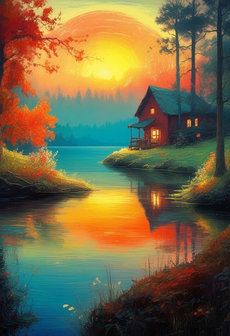 Abstract art. Fantasy. Landscape.  During the day. Lake. Warm, glowing lights. cozy and welcoming atmosphere.  Charming. Intricate details.Work by Ivan Shishkin to Yoshitaka Amanos.
perfection style, vivid colors, colorful, vivid background, midjourneyv6.1,