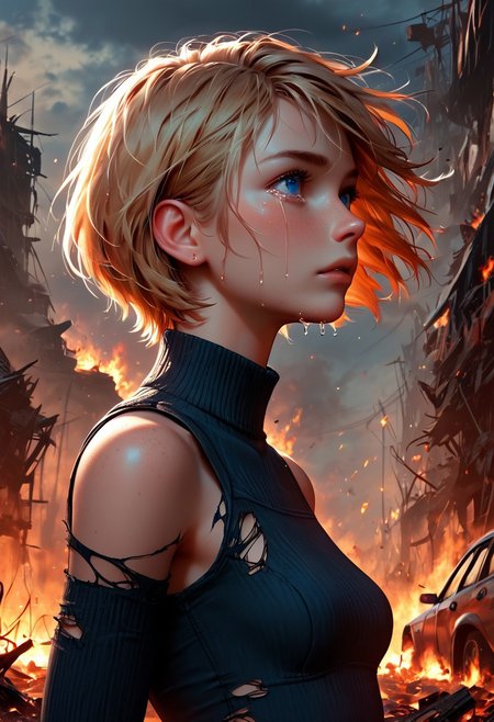 1girl, Masterpiece, 4k, ultra high detail, score_9, score_8_up, score_8, 18yo, petite, medium breast, short blonde hair, fcNeg, stunning blue eyes, freckles, white skin, small nose, innocent beauty, slim face,  skinny petite body, 
Torn sport clothes
Dark sky, burning sky, nighttime, night, 
Fear in her eyes, crying, 
Sideview,  Apocalyptic scene, burning skyscraper, burning city, derstroyed cars, a huge asteroid swarm in the sky, 
Many asteroids in the sky, 
End of the World, 
negative_hand, NightScapes,