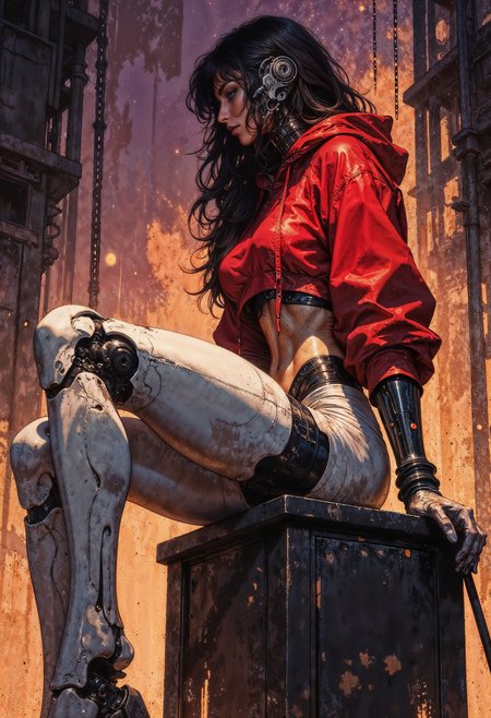 side view. a digital painting showcasing a cybernetic woman with long black hair and a slender, curvaceous figure. She is seated on a dark, weathered stool, surrounded by a moody, industrial backdrop. The woman wears a cropped red hoodie, exposing her midriff and highlighting her augmented robotic limbs. Her left leg is entirely mechanical, featuring intricate hydraulic joints and glowing red accents. The background is a blend of dark, smoky purples and oranges, with chains hanging down, adding a sense of confinement. The scene is lit dramatically from the front, casting shadows and emphasizing her cybernetic elements. The camera angle is slightly low and to the side, capturing her contemplative expression.