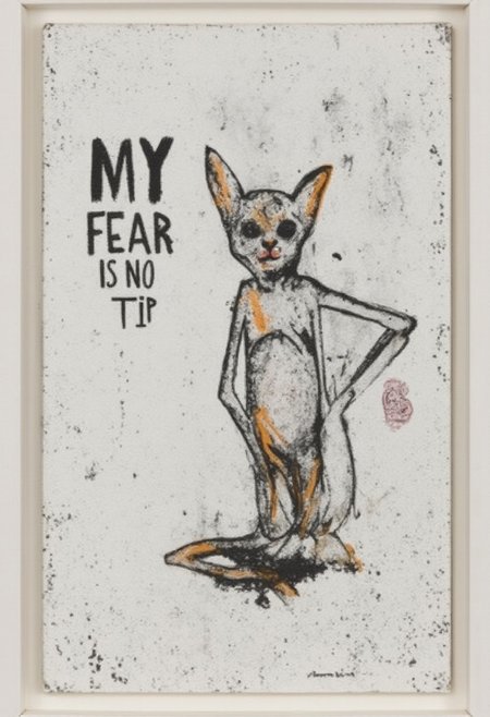 k3c4 style art, framed painting, white rough background, 
a very skinny cat,
the bold text reads "my fear is no tip"