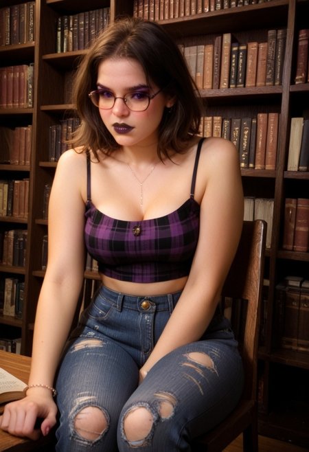 score_9, score_8_up, score_7_up, score_6_up, rating_explicit, amateur, photo, heavy makeup,
Extremely attractive 30 year old woman sitting on a wooden chair, bored, tired expression, sexy thick body, Highly detailed face. Brown eyes, seductive look, looking away. (((purple plaid shirt))), Black spaghetti strap tank top, ripped jeans, pocket chains, gel bracelets, (((purple eyeshadow, black lipstick))), midriff, medium shot, thick nerdy glasses), sexy thighs, thigh focus, large perky breasts. Long brown hair.  dynamic sexy pose
BREAK
University library background, book shelves lined with books.
Dramatic angle, unique perspective, unique angle