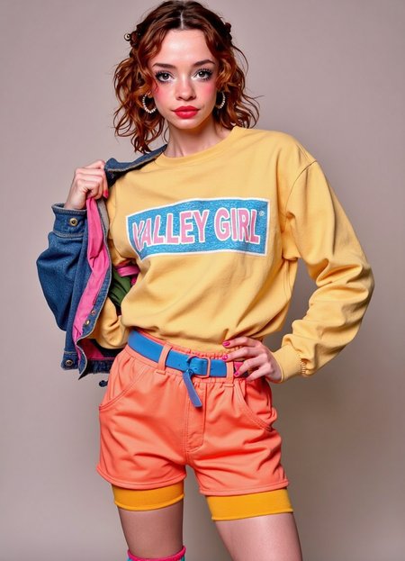 SFW, brightly lit, 1980s \\(style\\), retro artstyle, jacket, denim, jeans, leg warmers, toeless legwear, shirt, dress, shorts, skirt, bikini, one-piece swimsuit, leotard, panties, thighhighs, pantyhose, underwear, leggings, afro, earrings, gloves, hat, headband, scrunchie, belt, necklace, jewelry, lipstick, makeup, ponytail, see tags in lora for full list, aidmaimageupgrader, A stylish woman posing for a 2000s fashion magazine photoshoot, exuding confidence and energy. Her wet hair is sleekly combed back, highlighting her sharp features. She wears a vibrant, oversized sweatshirt with a bold graphic design with the text "VALLEY GIRL" written on it, paired with bright-colored sweatpants that showcase the playful and relaxed aesthetic of the era. Her look is completed with multicolored leg warmers, adding a nostalgic, trendy touch.  The backdrop is a high-fashion studio setting with dynamic lighting, emphasizing the bold and expressive Y2K aesthetic. She strikes a confident pose, embodying the effortless cool and sporty-chic vibe of early 2000s streetwear. The atmosphere is fun, youthful, and fashion-forward, with a strong editorial feel perfect for a glossy magazine spread."<lora:flux\style\PhotoStyles\80s_style_v1.safetensors:1.0:1.0> <lora:flux\custom\personal\emmy-speens.safetensors:1.0:1.0> <lora:turbo-8-step-flux.safetensors:0.5:0.5> <lora:flux\style\Common\aidmaImageUprader-FLUX-v0.3.safetensors:0.25:0.25>