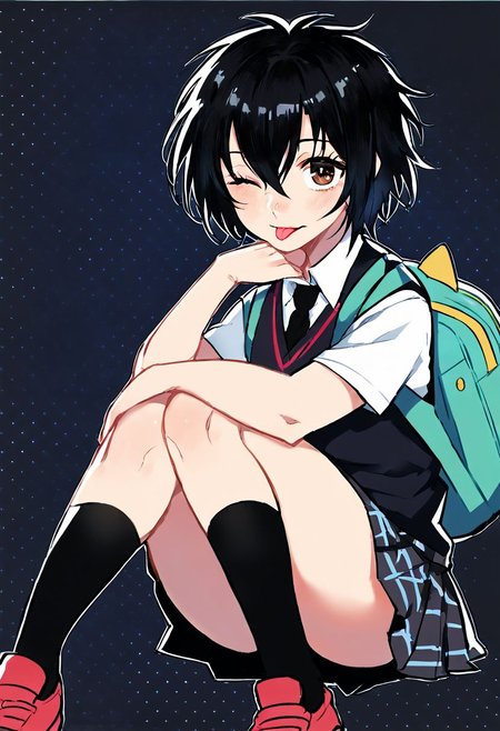 score_9_up, score_8_up, score_7_up, Score_6_up, Score_5_up, Score_4_up, source_anime, (masterpiece, perfectly detailed, detailed face, detailed eyes, beautiful eyes), (ultra HD quality details), 8K, extremely detailed, highres, Mevak_PS, peni parker, :p, aqua bag, backpack, bag, black background, black hair, black necktie, black skirt, black socks, black sweater vest, brown eyes, collared shirt, dress shirt, eyelashes, hair between eyes, halftone texture, hand on own chin, kneehighs, knees up, looking at viewer, messy hair, necktie, on ground, one eye closed, plaid, plaid skirt, school uniform, shirt, short hair, short sleeves, simple background, sitting, skirt, socks, solo, sweater vest, tongue, tongue out, white shirt.