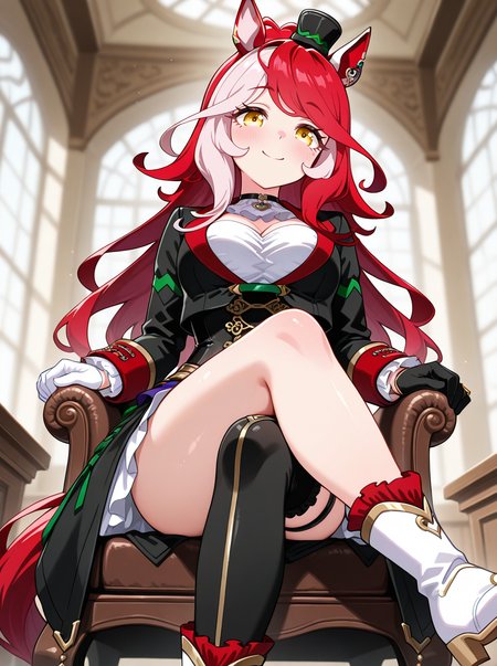 masterpiece, best quality, amazing quality, very aesthetic, absurdres, newest,shiny skin,, anime screenshot,  anime coloring, ,
 <lora:LovesOnlyYou:0.9>1girl, solo, animal ears, horse ears, lovesonlyyouil, yellow eyes, horse girl, gloves, horse tail, , multicolored hair, skirt, red hair gloves smile,  sitting crossed legs,  mismatched legwear, white_boots black_boots