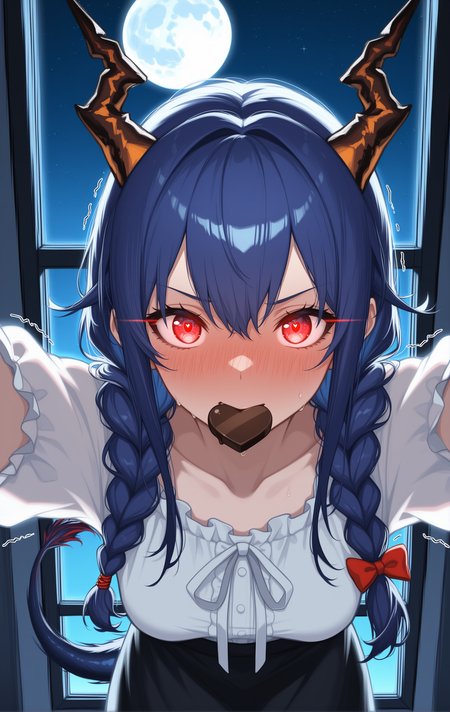 masterpiece, (ultra detailed), sharp details, 1girl, ch'en \(arknights\), alternate hairstyle, holding heart-shaped chocolate in mouth, collarbone, blouse, long skirt, close up, full-face blush, long braid, hair bow, kabedon on viewer, kabedon, dark, single light source, dim lighting, glowing eyes, window, huge full moon, detailed moon, shaking tail, beautiful detailed clothes, dark blue theme, starry sky, dramatic light,  <lora:DarkerThanDarkIllustriousV1:0.6> , <lora:add-detail-xl:0.6> , <lora:re4lity0.9> re4lity_sync_illu, <lora:Rokudaime_Illu_Edition:0.6> RD-Illu,