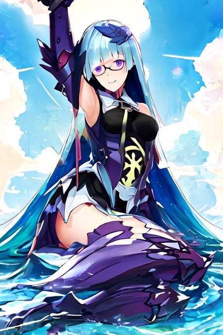solo_focus, 1girl, (((masterpiece))), ((best quality)), ((ultra-detailed)), high resolution, absurdres, highres, ultra-detailed 8k unity wallpaper, 
brynhild_fgo, long_hair, purple_eyes, very_long_hair, breasts, bangs, blush, blue_hair