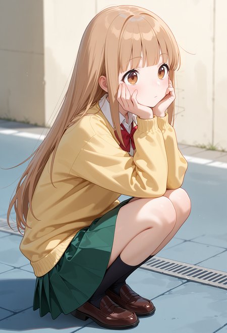 best quality, masterpiece, 1girl, aamiyano, long hair, brown hair, blunt bangs, brown eyes, school uniform, red bowtie, collared shirt, white shirt, yellow sweater, long sleeves, pleated skirt, green skirt, <lora:miyano_(tanakeda)_ilxl_v1:0.9>, squatting, street, from side, hands on own cheeks, expressionless, black socks, loafers,