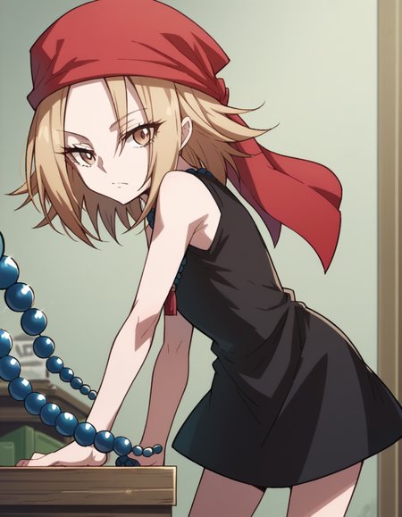 score_9, score_8_up, score_7_up, source_anime,
annakyouyama, <lora:anna-kyouyama-2021-s1-ponyxl-lora-nochekaiser:1>,
anna kyouyama, blonde hair, short hair, brown eyes,
bandana, beads, black dress, dress, prayer beads,
indoors, bent over,
looking at viewer, cowboy shot, solo, dutch angle