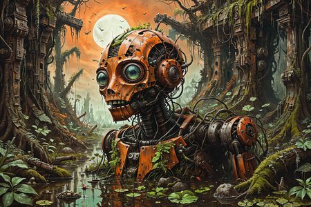 a vivid scifi illustration of fantastical surreal broken rusted and overgrown war robot drowned in a swamp, destroyed weapons, machinery, moss, leaves, trees, jungle, dark-orange sky,
 <lora:Dystopia:0.25> <lora:The_Crazy_Style:0.3> 
 <lora:linquivera:0.7> linquivera
 <lora:illusionix:1>  illusion