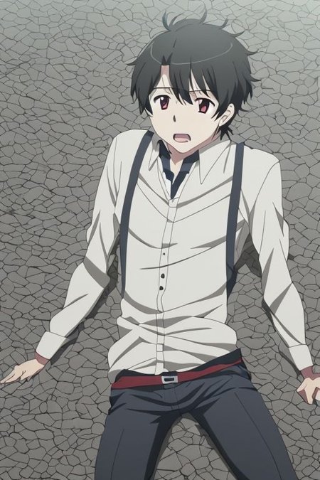 high resolution, solo, best quality, 1Boy, Inaho Kaizuka, Black Hair, fell down, revenged, dying, OverallDetail