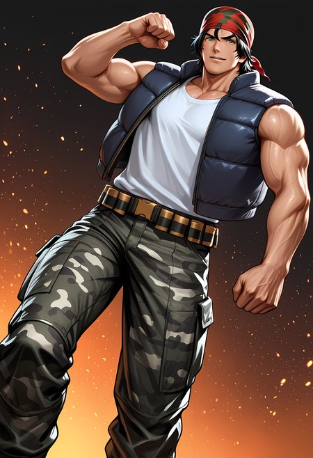 masterpiece, best quality, amazing quality, dutch angle, abstract background, BREAK
1boy, solo, male focus, kof_ralf, bandana, black hair, green eyes, stubble, vest, white shirt, camouflage pants, ammo belt, BREAK
<lora:cfg_scale_boost:.6>   <lora:Ralf_Jones_-_King_of_Fighters_-_ILXL:1>