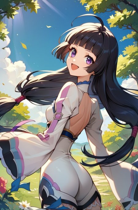 score_9, score_8_up, score_7_up, very aesthetic, source_anime, detailed, high quality, beautiful, masterpiece, detailed eyes,
<lora:lightXL:0.8>
sky, daylight, forest , tree, 
cowboy shot, close up, dynamic angle, upper body,
small breasts, smile, mouth open, dynamic pose, from behind,
<lora:kohaku_autismConfetti_v02:0.99>
kohaku (tales), black hair, purple eyes, 1girl, very long hair, blunt bangs, ahoge, low tied hair, 
lace, white bodysuit, long sleeves, (wide sleeves:0.5), leg ribbon, white footwear,, zPDXL