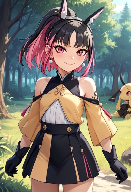 score_4,score_5,score_6,score_7_up,score_8_up,score_9 ((masterpiece,best quality,ultra detailed,highres,HD,4k:1.2)), 
1 girl,solo,face focus,
mawile, human girl,,young,petite,
ponytail,black hair,blant bangs,Tactile hair,earrings,small breast,s,multicolored hair,Inner color pink hair,earrings,small breast,tattoo,black head gear,earrings,small breast,
black gloves,skirt,shirt,Exposed shoulders, exposed upper arms, jewelry,
outdoors,in the forest,day,
standing,
smile,.blush,light smile,
