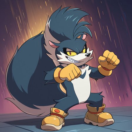 Rough, 1boy, 2d, solo, Male, anthro, skunk, animal ears, furry, furry male, big tail, yellow sclera, pink inner ears, red pupils, black nose, yellow gloves, yellow and brown boots, long mohawk, blue and white fur, v-shaped patch on chest

BREAK evil grin, sharp teeth, standing, abstract background, looking at viewer, best quality, amazing quality, very aesthetic, absurdres, newest, masterpiece 