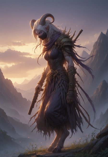 (absurdres, best quality, masterpiece:1.4), score_9, score_8_up, score_7_up, score_6_up, detailed, detailed body, detailed face, world of warcraft, fantasy, <lora:add-detail-xl:1.5>, 

fFaceDetail, SkinDetail, ((female, draenei, tall, athletic arms, pale white skin, smooth skin, long white hair, purple eyes, no pupil, no sclera, long white tail), (h0rns, ram horns, white horns), 
(long fingers, purple fingernails, purple nail polish)), 

(long loose purple dress, simple armlet, black facemask, purple silk scarf), GunMonk, shotgun, holding shotgun,

full body, side view

outdoor, evening, mountains,