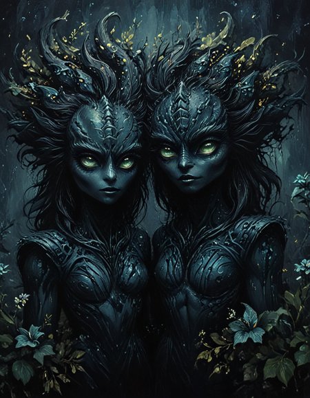 novuschroma69 dual dichotomy <lora:darmox-klingon_v1:0.9> kling0n alien pair  <lora:novuschroma64 style:1> novuschroma64 style <lora:novuschroma69 dual:1.25> <lora:sdxl_lightning_8step_lora:1> <lora:FaeTastic Details:1>