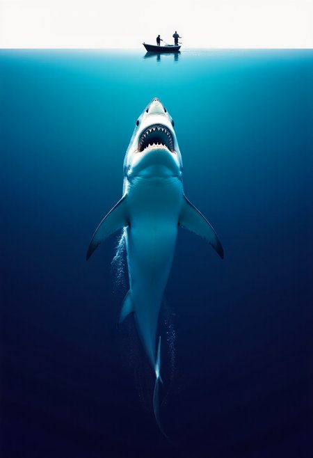 A minimalist composition divided perfectly into 2: the top half is a calm and idyllic scene: a small boat with two fishermen swaying gently in calm waters, bathed in soft, diffused light. The bottom half reveals the terrifying secret of the blue depths of the sea: a huge prehistoric shark, a relic from the age of dinosaurs, rising vertically from the shadowy abyss of the blue ocean. Just before emerging from the water his enormous jaws open wide, teeth gleaming in the murky water, as turbulent streaks of bubbles and trails of water explode behind him, capturing his incredible speed and power. The stark division between calm above and chaos below heightens the sense of impending doom.
