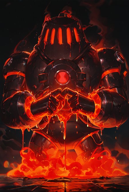 <lora:nrg-06:1> nrg, robot, on the floor, smoke, armor, red eyes, 3 eyes, dripping lava, in hell, upper body, bully pose, fists together
 <lora:WSSKX_WAI:1>, masterpiece, best quality, amazing quality, very aesthetic, absurdres, newest,