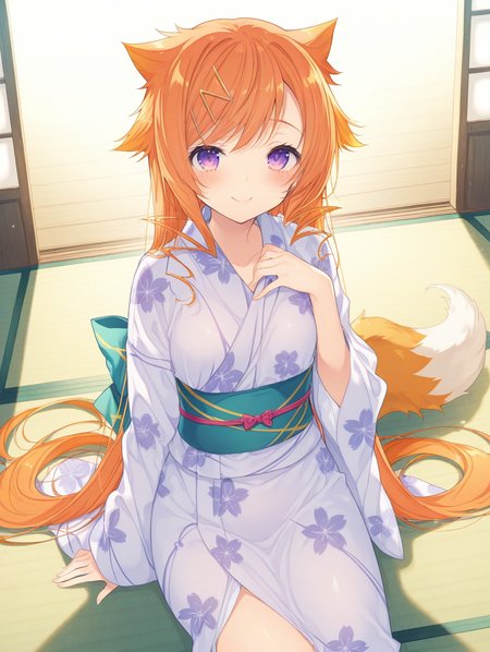 (masterpiece,best quality,ultra_detailed,highres,absurdres:1.2,amazing quality,very aesthetic),<lora:Bihou Shihou&Bijiku Shichuu_ilxl_v1-000010:0.8>,1girl, solo, purple eyes,  hair ornament, smile, orange hair, tail, blush, looking at viewer, very long hair,yukata, bihou shihou \(Koihime  Musou\),tatami, sitting, (artist:kurumi \(recycllamo\):0.95), artist:mika pikazo, artist:kazutake hazano, (artist:kedama milk:0.95), (artist:ask \(askzy\):0.95), artist:wanke, artist:fujiyama,