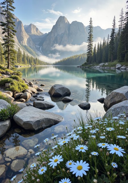 A sweeping aerial view of a rugged alpine lake embraced by jagged granite peaks, bathed in soft, pastel morning light. Detailed textures of crystalline water surfaces, rugged rock formations, and delicate wildflower clusters adorn the pristine landscape. Close-up captured dew on vibrant, cool-toned petals along the lakeshore, complemented by intricate natural gradients and ambient mystique. Low-angle perspective of towering pines and emerald reflections enhances the dramatic spatial composition. A dynamic tracking shot following the gentle flow of water amidst layered shadows, rendered in 8k quality, masterpiece clarity, and intricate detail. Luminous light interplay, subtle contrasts of warm and cool hues, and ambient atmospheric elements create a serene yet powerful natural tableau. <lora:RM_Enhancer_v1.0_bf16:0.7> <lora:zyd232_Ink_Style_Flux1D_v1_1:0.6> <lora:aidmaMJ6.1-FLUX-v0.4:0.6> <lora:Chris_Luka:0.7> <lora:MushyFunk:0.3> <lora:flux_dev:1>
