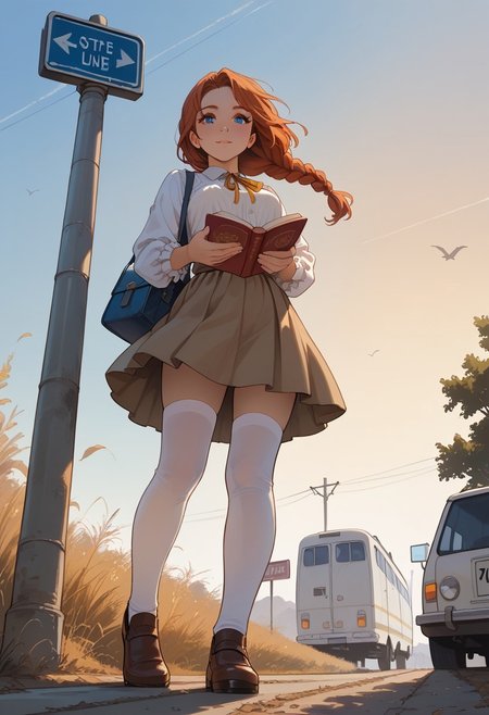 masterpiece, UHD, 8K, high res, high detailed, score_9, score_8_up, score_7_up,
1girl, solo, short, long bright hair, braid, cute face, petite body, white blouse, medium breasts, wind lift up short skirt, white stockings, shoes, holding book in own hands, stand on bus stop, sunset, 
low angle,