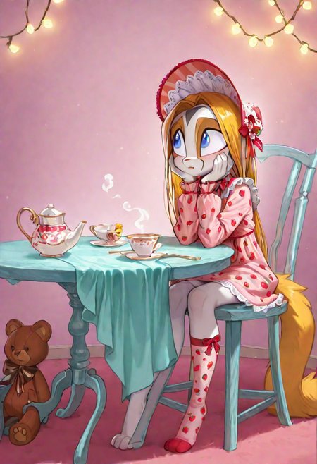 masterpiece, best quality, amazing quality, 
kalei ,white skin,
1girl, solo, anthro, long yellow hair, large bushy yellow tail, white fur, white limbs, digitigrade legs, , blue eyes, (child, kid)
sits at a tiny pastel-pink table in her room, surrounded by plush toys. She pours imaginary tea into a doll-sized cup, wearing a frilly lace bonnet and a dress with strawberry prints. Her mismatched socks peek out under the table, and her eyes widen with exaggerated seriousness as she “serves” a teddy bear. A stray cookie crumb clings to her cheek, and fairy lights twinkle overhead like gentle stars, stuffed_animal, tea_party, frilly_dress, bonnet, strawberry_print, mismatched_socks, indoors, fairy_lights,  dollhouse
, <lora:dreamkeepers_kalei_illus:1>,
