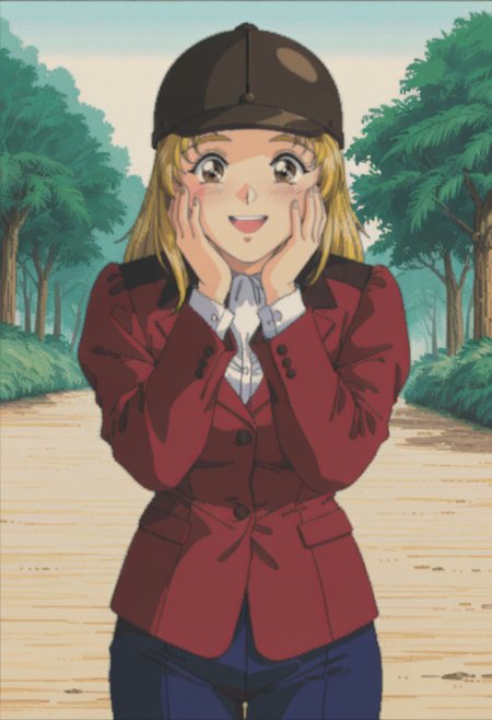 highres, best quality, masterpiece, outdoors,
1girl, solo, pixel art, 1990s \(style\), blonde hair, long hair, brown eyes,
hat, jacket, red jacket, blue pants, white shirt, formal, helmet,
looking at viewer, blush, smile,
standing, hands on own cheeks, upper teeth only, 
<lora:_miyuki_galspanic-elesico-ilxlA:1>