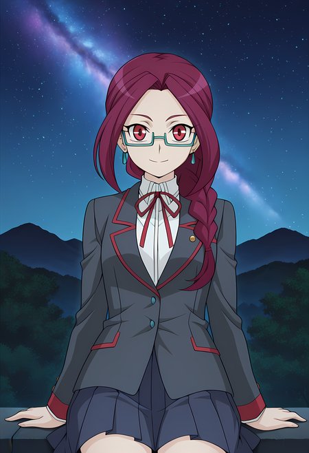 masterpiece,best quality,amazing quality,

1girl, solo,

Maki Nagashiro (Cardfight Vanguard), purple hair, long hair, single braid, red eyes, glasses, semi-rimless eyewear, school uniform, jewelry, earrings,  neck ribbon, white shirt, blazer, long sleeves, pleated skirt, 

looking at viewer, smile, 

cinematic, 

Sit, leaning back, with two arms,

bloom, night, at mountain, greenery, galaxy sky, 

Official style, anime screencap, anime coloring, 

















