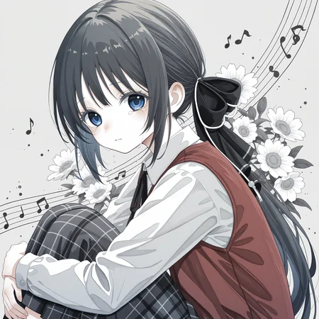<lora:osetoiro_art_n16c16_nai_loha:1.1>,osetoiro art,traditional media,monochrome,
<lora:Tortinita_Fine_1_nai-000027:1>,Tortinita Fine,ponytail,hair bow,black bow,hair ornament,blue eyes,
red vest,white shirt,collared shirt,long sleeves,black neck ribbon,dress vest,plaid skirt,
1girl,solo,looking at viewer,hugging own legs,from side,streaming tears,flower,musical note,beamed sixteenth notes,sixteenth note,