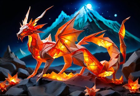 high quality, extremely detailed and beautiful origami fantasy translucent magical fire elemental creature, glowing within, red yellow and orange colors <lora:TQ_-_Fairy_Tale_Origami_Paintings:0.5> , beautiful vibrant dark moonlight fire volcano at night, sharp focus, intricate, detailed illustration, beautiful color palette, incredible details, high contrast, high dynamic light, perfect composition and chiaroscuro, glowing magical moonlight, bioluminescent creature or fire, intricately detailed, true masterpiece,  <lora:sss:1>     <lora:SDXLFaeTastic2400:0.5> <lora:chillet_v2:1> animal, no_humans