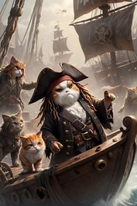 (Pirates of the Cats) text logo:1.9 <lora:Harrlogos_v2.0:1.9>, (full body), (Pirates of the Caribbean movie splash screen, fluffy fat cat dressed as Jack Sparrow on a ship), brown and white and orange colors predominate, hyper-detailing, hyper-realism, sharp shot, cinematic, action-packed background