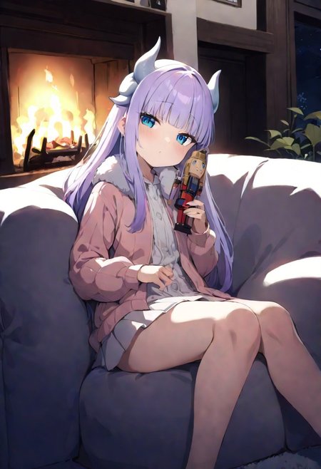 masterpiece, (Best quality:1.2), highres, (scenary:1.2), Dynamic light,, wooden,, living room,, Kanna_Kamui,, long hair, bangs, blue eyes, light purple hair, hair beads, dragon horn, horns,, holding a nutcracker, doll on the lap, fireplace flickering,, white ottoman sofa, sitting, lying on the sofa,, fluffy pillows, white carpet, flowers, lights,,
