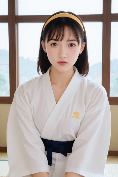 1girl,  judo uniform,yellow headband,black belt,
Beautiful 20 year old Japanese girl,
looking at viewer,,cowboy shot, 
(Serious expression:0.5),portrait,upper body,sitting,
<lora:sdxl_lightning_8step_lora:1>,
<lora:pony_xl_yawara:0.7>,yawara,
dojo,score_9,score_8_up,score_7_up,
Clouds Sky in Window,indoors ,dof, 
masterpiece, best Quality,realistic Details,photography,