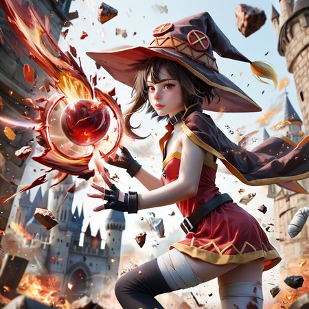 score_9. score_8_up, score_7_up, score_6_up, score_5_up, score_4_up, 
 <lora:Megumin_Pony:1> , Megumin, short_hair, sidelocks, brown_hair, red_eyes,