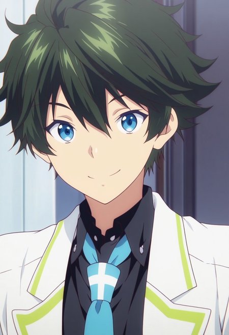 masterpiece,best quality,amazing quality, source_anime, 
HaruhikoIchijo, 1boy, male focus, solo, blue eyes, green hair, school uniform, shirt, black shirt, collared shirt, necktie, blue necktie, jacket, blazer, white jacket, open jacket, smile,