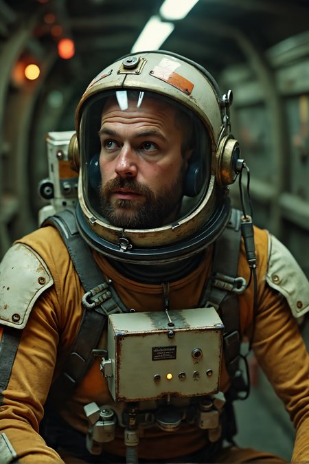 Photorealistic, a bald slightly chubby young man, rugged beard, with healthy blush and subtle freckles, in a retro space helmet with a chipped, tinted visor and rusted metallic plating. The helmet is adorned with faded mission stickers and worn-out communication wires dangling from the sides. His suit is a classic, vintage-style spacesuit with padded shoulders and reinforced elbows, showing signs of wear with patches and scuff marks. The suit features a bulky, worn utility belt and a chest-mounted life support system with dimly glowing, malfunctioning indicators. sitting on the ground. The background is the interior of an old, worn-out space station, with flickering lights and cracked walls, exuding an atmosphere of abandonment and solitude.