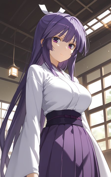 (score_9, score_8_up, score_7_up), looking at viewer, light smile, closed mouth, shiny skin, tight clothes,
ohwx, 1girl, solo, solo_focus, purple_eyes, long_hair, japanese_clothes, purple_hair, very_long_hair, breasts, ponytail, long_hair, breasts, large_breasts,
japanese_clothes, kimono, sash, kimono, skirt, hakama, hakama_skirt, purple_hakama, white_kimono,
office, ceiling light, window, lens flare, against windowsill, blurry, cowboy shot, dutch angle,
 <lora:miya_asama_pony_ss-000002:1>