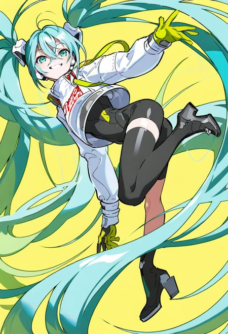 <lora:yoneyamaiXL_il_lokr_V53P1:0.95> 1girl, hatsune miku, solo, racing miku, very long hair, long hair, twintails, bodysuit, black bodysuit, aqua hair, yellow background, gloves, thighhighs, smile, simple background, aqua eyes, single thighhigh, boots, looking at viewer, cropped jacket, absurdly long hair, full body, floating hair, jacket, breasts, black gloves, high heels, bangs, white jacket, long sleeves, black footwear, hair between eyes