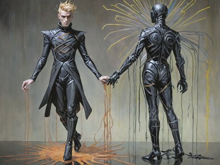a surreal image in lowbrow art style of In a dystopian setting, a male android wearing (messy bizarre haute couture clothing:1.4), model shoot style full body shot with a backlit subject. Dark Fashion Magazine, swirling geometrical shapes.