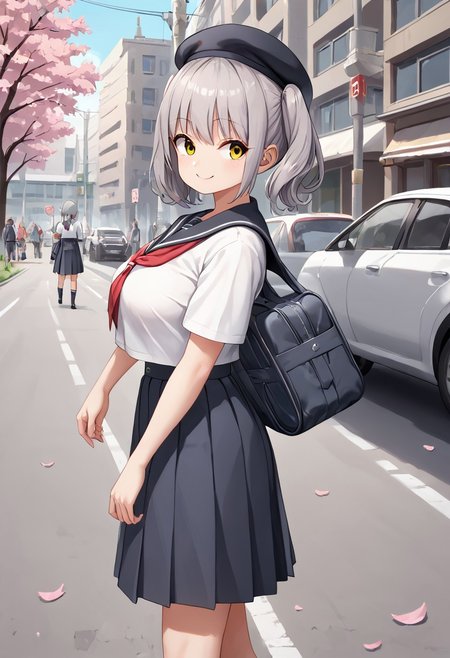 score_9, score_8_up, score_7_up, BREAK source_anime, multiple girls walking on the street, belorta, gray hair, twintails, shorthair, yellow eyes, big breast, 
school uniform, sailor fuku, beret, school bag, wearing school bag, smile, walking, school background, street, cherry blossom, looking away, from side view, cars, garbage truck,